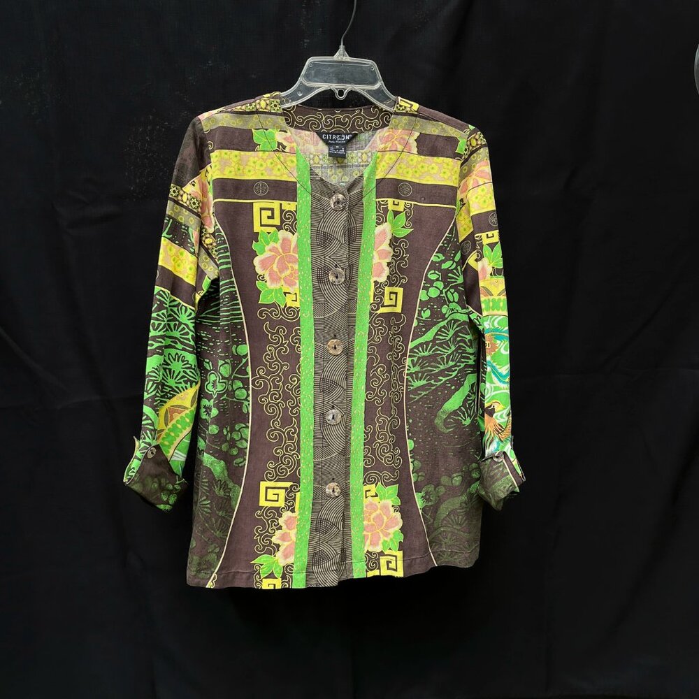 Citron Santa Monica silk & linen, button-down, multi-pattern top (size Medium)